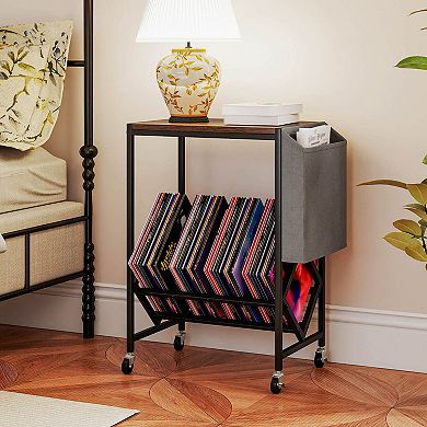 Costway Record Player Stand with Vinyl Record Storage & Side Storage Pouch, Swivel Wheels