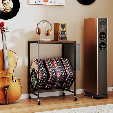 Costway Record Player Stand with Vinyl Record Storage & Side Storage Pouch, Swivel Wheels