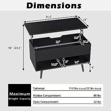 Costway 31.5" Lift Top CoffeeTable ModernTable with Hidden Compartment Wood Legs For Home