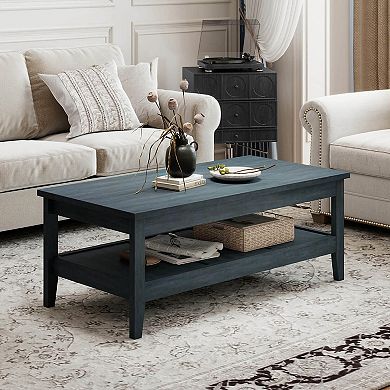 Costway 2-Tier Rectangle Center Table with Slatted Storage Shelf & Thickened Tabletop