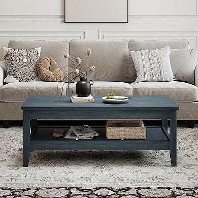 Costway 2-Tier Rectangle Center Table with Slatted Storage Shelf & Thickened Tabletop