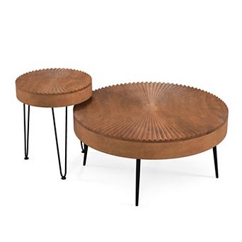 Costway Farmhouse Round CoffeeTable Set of 2 End Table Natural Finish for Living Room