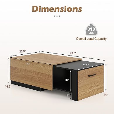 Costway Extendable Coffee table, 21.5”-43.5” Adjustable Length, Low Profile Center Table