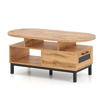 Costway 47” Oval Top Coffee Table with 4 Open Compartments & Drawer, 5 support legs
