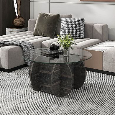 Costway 35" Round Coffee Table Modern Accent Table with Tempered Glass Top for Living Room