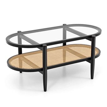 Costway 2 tier Coffee Table Tempered Glass Top with PE Rattan Shelf & Acacia Wood Frame