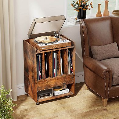 Costway Record Player Stand with Drawer & Record Holder,Lockable Wheels for Living Room