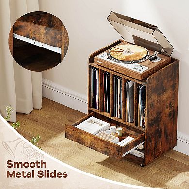 Costway Record Player Stand with Drawer & Record Holder,Lockable Wheels for Living Room
