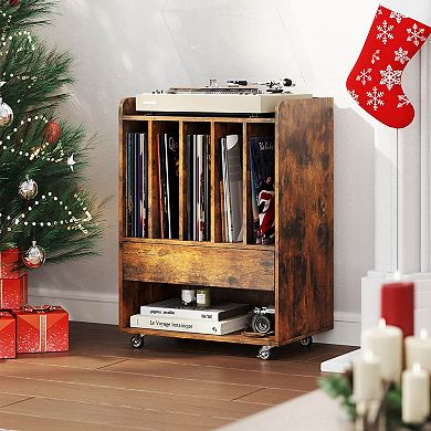 Costway Record Player Stand with Drawer & Record Holder,Lockable Wheels for Living Room