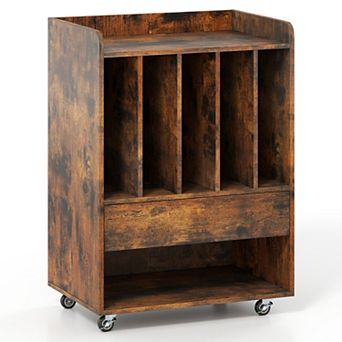 Costway Record Player Stand with Drawer & Record Holder,Lockable Wheels for Living Room