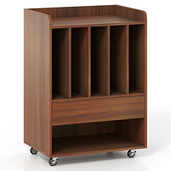 Costway Record Player Stand with Drawer & Record Holder,Lockable Wheels for Living Room