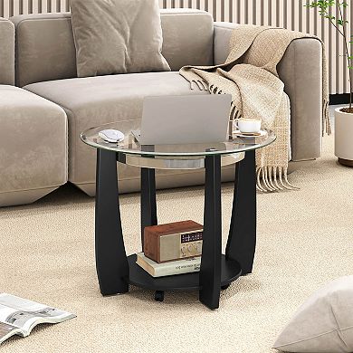 Costway 32” 2-Tier Glass Coffee Table with Tempered Glass Top Bottom Storage Shelf & Wheels