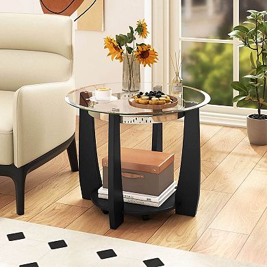 Costway 32” 2-Tier Glass Coffee Table with Tempered Glass Top Bottom Storage Shelf & Wheels