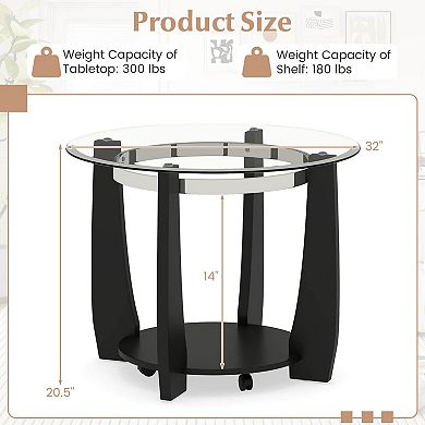 Costway 32” 2-Tier Glass Coffee Table with Tempered Glass Top Bottom Storage Shelf & Wheels