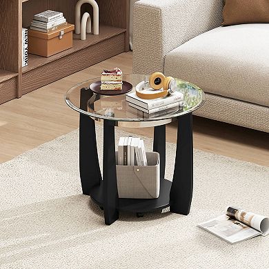 Costway 32” 2-Tier Glass Coffee Table with Tempered Glass Top Bottom Storage Shelf & Wheels