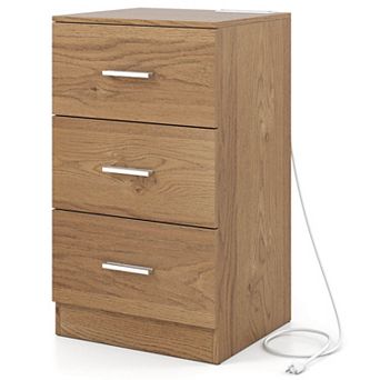 Costway Nightstand with Charging Station, 3 Storage Drawers for Bedroom, Living Room