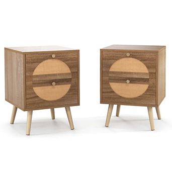 Costway 2 pc Rattan Nightstand with 2 Drawers Solid Wood Legs Compact Wood Coffee Table