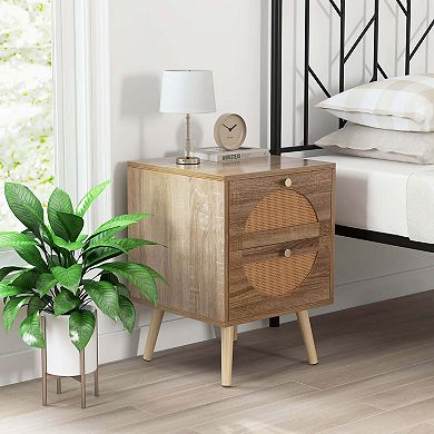 Costway 2Pcs Rattan Nightstand with 2 Drawers Solid Wood Legs Compact Wood Coffee Table