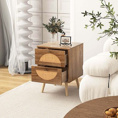 Costway 2Pcs Rattan Nightstand with 2 Drawers Solid Wood Legs Compact Wood Coffee Table