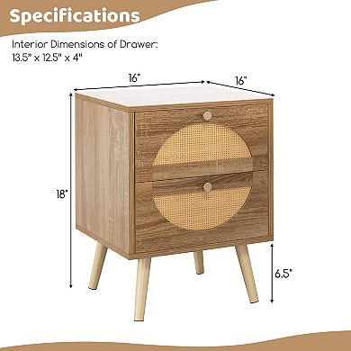 Costway 2Pcs Rattan Nightstand with 2 Drawers Solid Wood Legs Compact Wood Coffee Table
