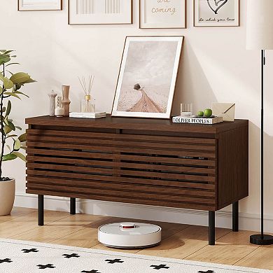 Costway Mid Century Fluted TV Stand for 40" TV Console Table with 2 Hidden Compartments
