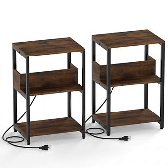 Costway Nightstand with Charging Station, 3 tier Bedside Table with Open Shelves & Metal Frame