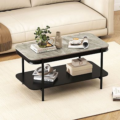 Costway Rectangular Coffee Table, 2-Tier Center Table with Lower Shelf for Bedroom, Office