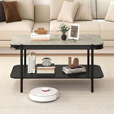 Costway Rectangular Coffee Table, 2-Tier Center Table with Lower Shelf for Bedroom, Office