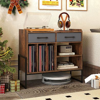 Costway Large Record Player Stand with Charging Station, 2 Fabric Drawers, Adjustable Shelf