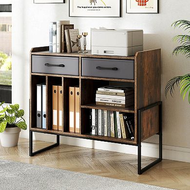 Costway Large Record Player Stand with Charging Station, 2 Fabric Drawers, Adjustable Shelf