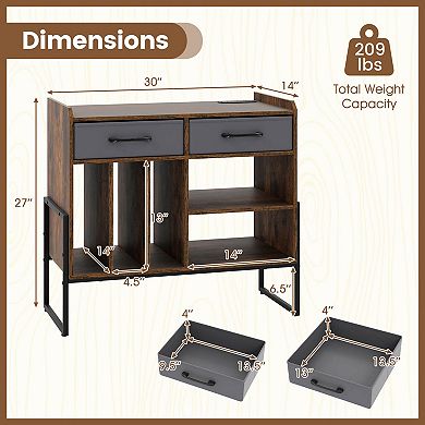 Costway Large Record Player Stand with Charging Station, 2 Fabric Drawers, Adjustable Shelf