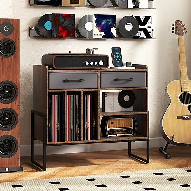 Costway Large Record Player Stand with Charging Station, 2 Fabric Drawers, Adjustable Shelf