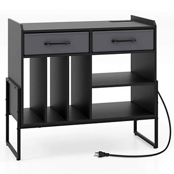 Costway Large Record Player Stand with Charging Station, 2 Fabric Drawers, Adjustable Shelf