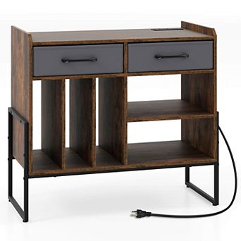 Costway Large Record Player Stand with Charging Station, 2 Fabric Drawers, Adjustable Shelf