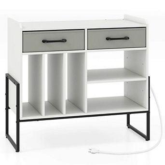 Costway Large Record Player Stand with Charging Station, 2 Fabric Drawers, Adjustable Shelf