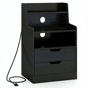 Costway Nightstand with LED Light & Charging Station, Open Shelves & 2 Drawers, Cable Holes