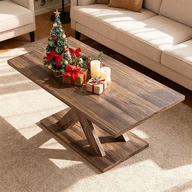 Costway 37.5” Coffee Table with Stable Base & Rubber Wood Connection for Living Room