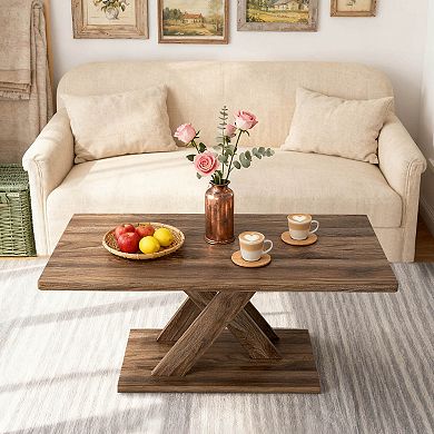 Costway 37.5” Coffee Table with Stable Base & Rubber Wood Connection for Living Room