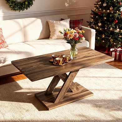 Costway 37.5” Coffee Table with Stable Base & Rubber Wood Connection for Living Room