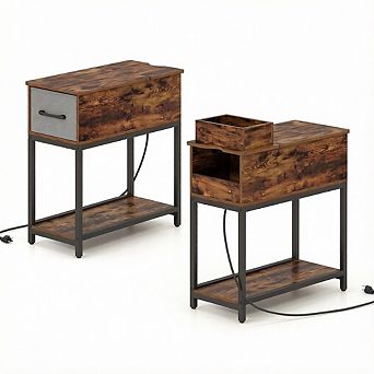 Costway Narrow Side Table with Charging Station & LED Lights, Fabric Drawer for Bedroom