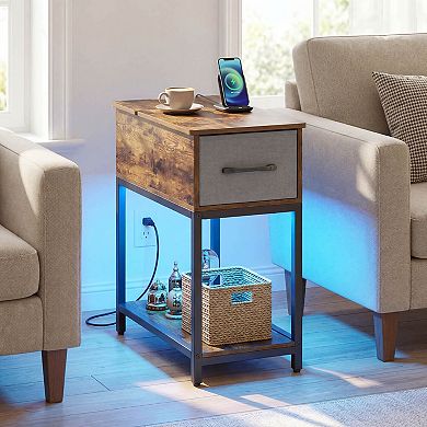 Costway Narrow Side Table with Charging Station & LED Lights, Fabric Drawer for Bedroom