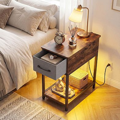 Costway Narrow Side Table with Charging Station & LED Lights, Fabric Drawer for Bedroom
