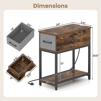 Costway Narrow Side Table with Charging Station & LED Lights, Fabric Drawer for Bedroom