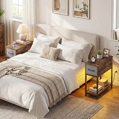 Costway Narrow Side Table with Charging Station & LED Lights, Fabric Drawer for Bedroom