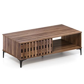 Costway 47” Mid Century Coffee Table with Fence Doors Open Compartment Front Rear Cabinets