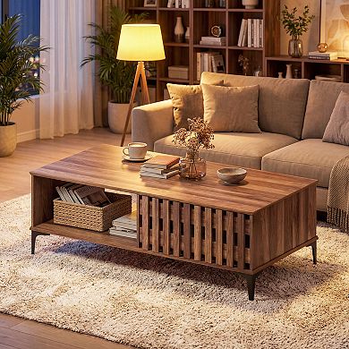 Costway 47” Mid Century Coffee Table with Fence Doors Open Compartment Front Rear Cabinets