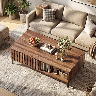 Costway 47” Mid Century Coffee Table with Fence Doors Open Compartment Front Rear Cabinets
