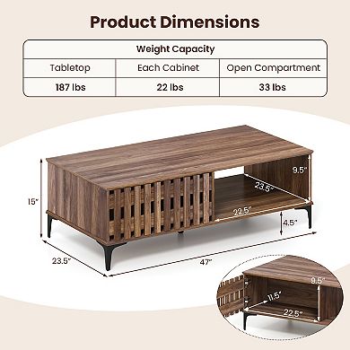 Costway 47” Mid Century Coffee Table with Fence Doors Open Compartment Front Rear Cabinets
