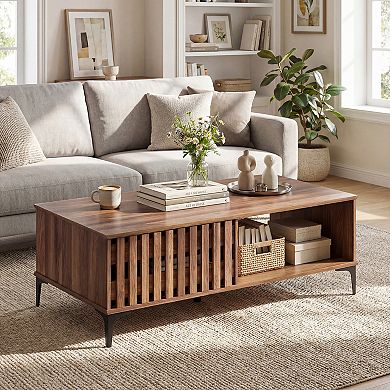Costway 47” Mid Century Coffee Table with Fence Doors Open Compartment Front Rear Cabinets