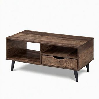 Costway Coffee Table with Storage, Rustic Rectangle Center Table with Drawer & Open Shelves